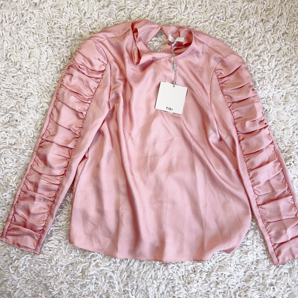 NWT Tibi Mendini Twill Shirred-Sleeve Blouse Blush Sz 0